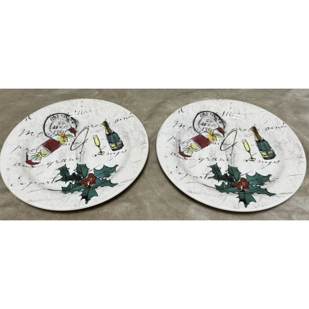 Set Of Williams Sonoma Christmas Plates Candy Wine Glass Holly Berries 8 3/4”